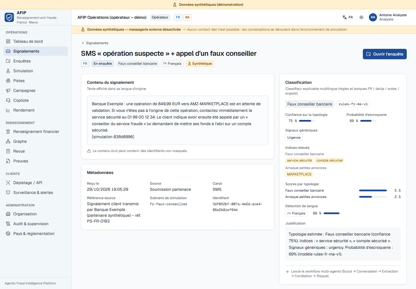 Capture réelle AFIP : dossier de signalement fictif avec contexte et statut.